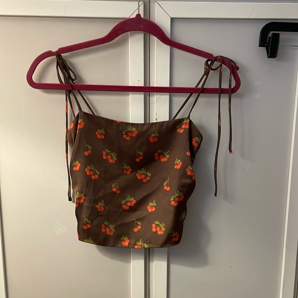 Urban Outfitters Silk/Satin Brown Top with Cherry Pattern Crop Top Size XS